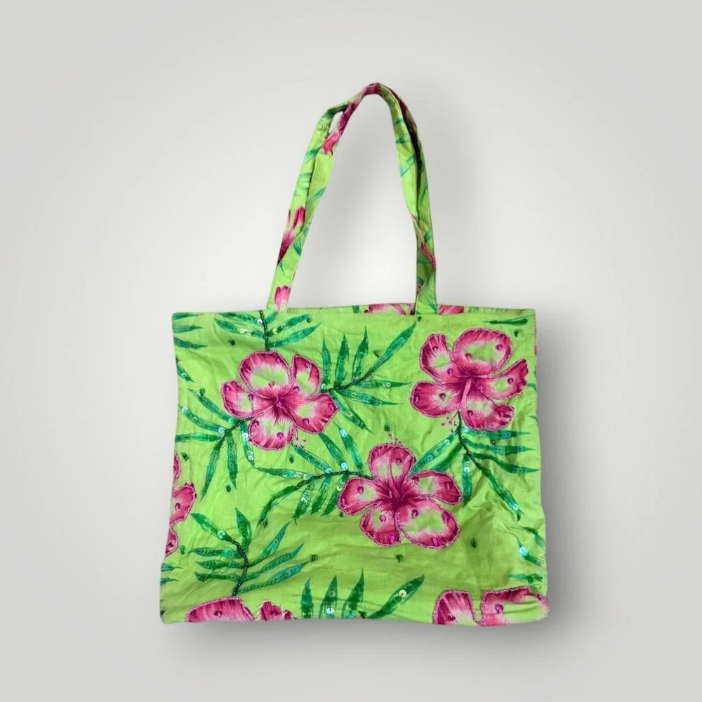 Hibiscus Floral Tote Bag Green Pink Sequin Tropical Beach Island Vacation Resort